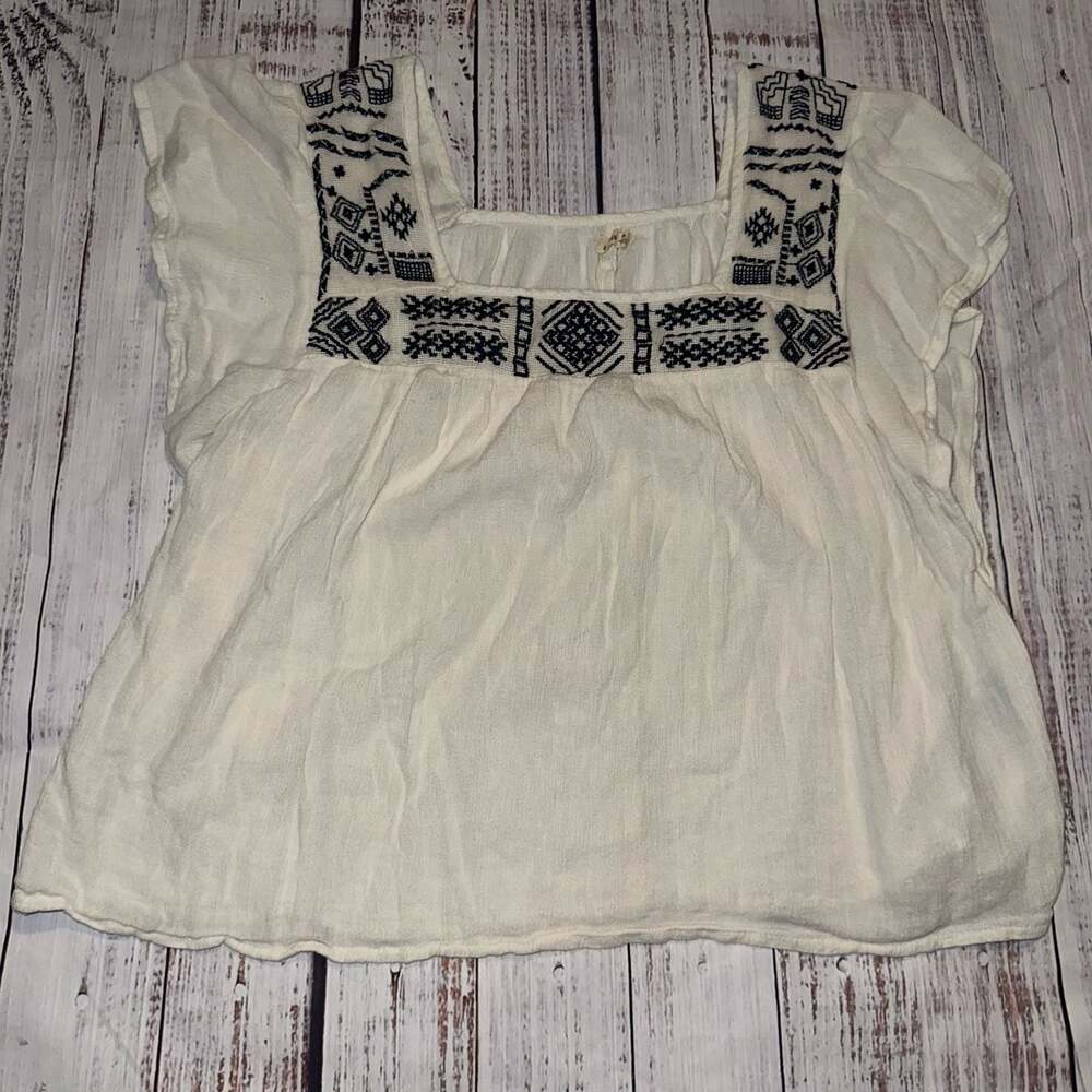 Hollister Boho Embroidered Peasant Top Cream Cottagecore Babydoll Blouse-M